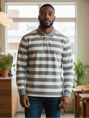St. John's Bay Men's Gray & White Striped Long-Sleeve Polo